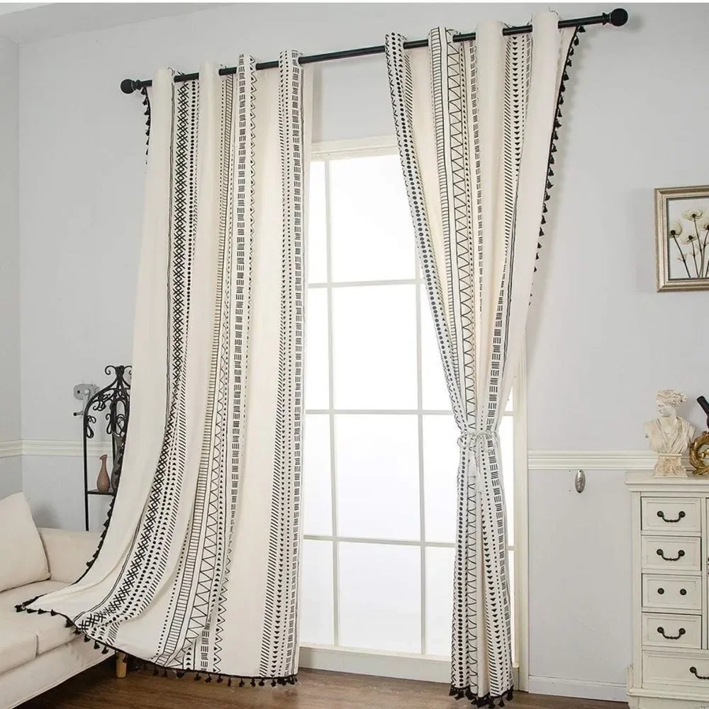 Bohemian Cotton Linen Curtain Panel with Tassels Geometric Print Farmhouse
